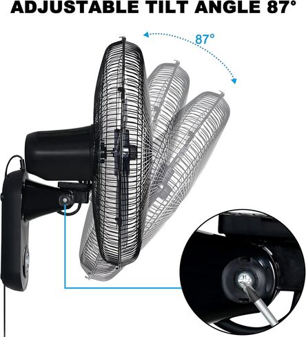 18″ Blade Wall Mount Fan, 5 Blades Adjustable 3 Speed Wall Mount Fan for Indoor, Home, Office and College Dorm Use, 90 Degree Horizontal Oscillating, 4 Hours Timer, Black,2-Pack in Saudi Arabia