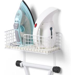 YBING Ironing Board Hanger Wall Mount Iron Holder with Shelf Wall Ironing Board Holder with Wood Storage Basket and Removable Hooks for Home Laundry Room Metal, White in Kuwait