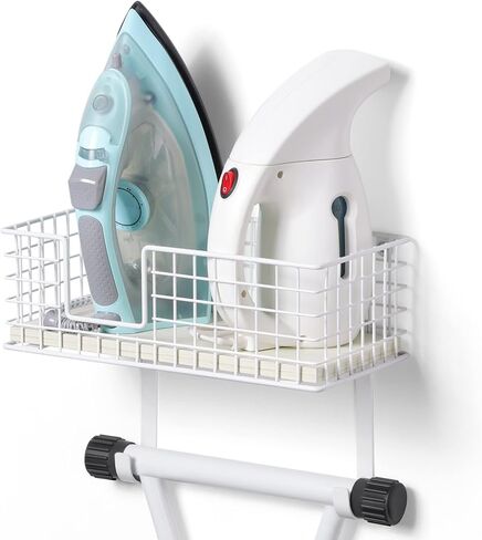 YBING Ironing Board Hanger Wall Mount Iron Holder with Shelf Wall Ironing Board Holder with Wood Storage Basket and Removable Hooks for Home Laundry Room Metal, White in Kuwait