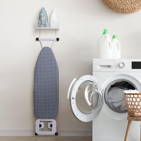 YBING Ironing Board Hanger Wall Mount Iron Holder with Shelf Wall Ironing Board Holder with Wood Storage Basket and Removable Hooks for Home Laundry Room Metal, White in Kuwait