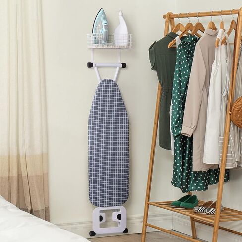 YBING Ironing Board Hanger Wall Mount Iron Holder with Shelf Wall Ironing Board Holder with Wood Storage Basket and Removable Hooks for Home Laundry Room Metal, White in Kuwait