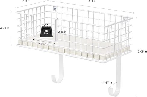 YBING Ironing Board Hanger Wall Mount Iron Holder with Shelf Wall Ironing Board Holder with Wood Storage Basket and Removable Hooks for Home Laundry Room Metal, White in Kuwait
