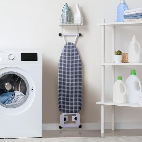 YBING Ironing Board Hanger Wall Mount Iron Holder with Shelf Wall Ironing Board Holder with Wood Storage Basket and Removable Hooks for Home Laundry Room Metal, White in Kuwait