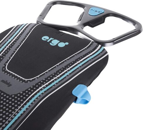 طاولة الكي مينكي إيرجو بلس بروزون | صنع في المملكة المتحدة | غطاء عاكس للحرارة، تصميم حلقة ساق ثابتة ورف من الكتان - لوح كي قائم بذاته مع سطح كي كبير مقاس 48 بوصة × 15 بوصة (معدني وأزرق) in Kuwait