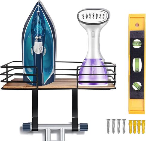 HolyHanger! Ironing Board Hanger Wall Mount, Ironing Board Wall Mount with Shelf with 9inch Level, Metal Iron Board Wall Mount with Large Storage Wooden Base Basket & Removable Hooks for Laundry Room in Saudi Arabia