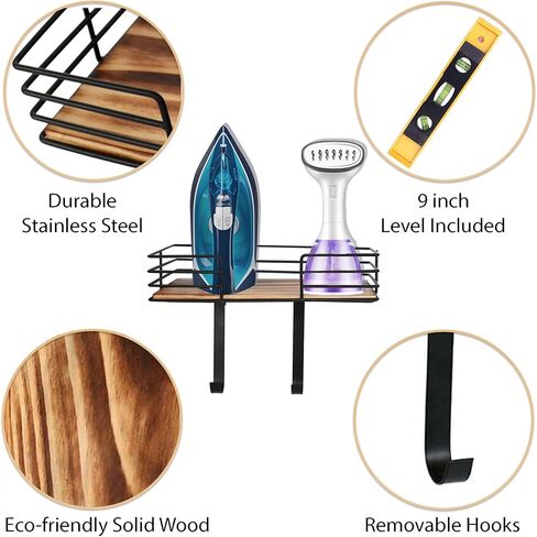 HolyHanger! Ironing Board Hanger Wall Mount, Ironing Board Wall Mount with Shelf with 9inch Level, Metal Iron Board Wall Mount with Large Storage Wooden Base Basket & Removable Hooks for Laundry Room in Saudi Arabia