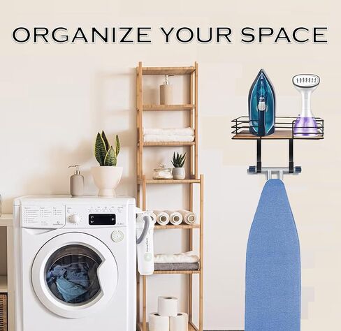 HolyHanger! Ironing Board Hanger Wall Mount, Ironing Board Wall Mount with Shelf with 9inch Level, Metal Iron Board Wall Mount with Large Storage Wooden Base Basket & Removable Hooks for Laundry Room in Saudi Arabia