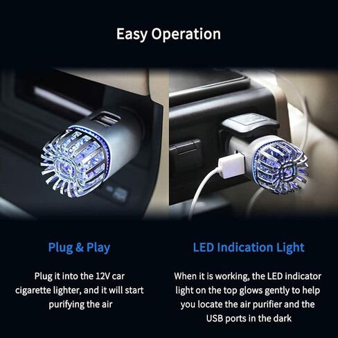 DONROY Car Air Purifier Ionizer with 2.1A Dual USB Charging Ports and Blue LED Indication Light, Ionic Ozone Car Accessories Deodorizer for Eliminate Bad Odor, Smoke Removal Car Ionizer (Silver) in Saudi Arabia
