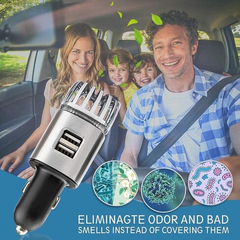 DONROY Car Air Purifier Ionizer with 2.1A Dual USB Charging Ports and Blue LED Indication Light, Ionic Ozone Car Accessories Deodorizer for Eliminate Bad Odor, Smoke Removal Car Ionizer (Silver) in Saudi Arabia