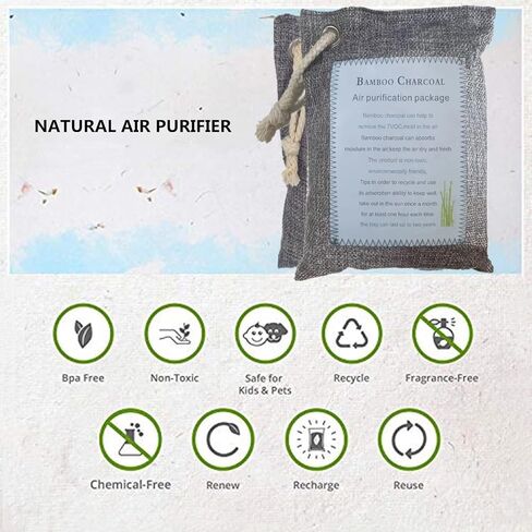 حقيبة تنقية الهواء بفحم الخيزران، 10 عبوات من أكياس الفحم، أكياس الفحم المنشط، ممتصة للرائحة، ممتصة للرطوبة، معطر هواء السيارة الطبيعي، مزيل الروائح الكريهة (4 × 200 جم، 6 × 100 جم) in Kuwait