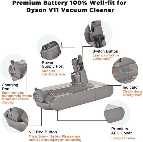 Dalkat Dalee بطارية لولبية لـ Dyson V11 أبسولوت دايسون V11 Animal V11 Complete Dyson V11 Fluffy Cordless Vacuum Cleaner SV14 بطارية 25.2 فولت 4800 مللي أمبير رقم الجزء 970145-06 (بطارية غير قابلة للنقر) in Kuwait