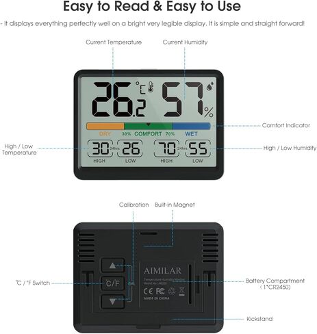 مراقبة الرطوبة ودرجة الحرارة - مقياس حرارة داخلي رقمي من AIMILAR مع تاريخ منخفض للغاية، يمكن اختيار درجة فهرنهايت / درجة مئوية، وسهل الاستخدام، وقابل للمعايرة، وخيار مغناطيسي وشاشة واضحة in Kuwait