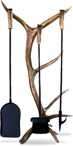 Mountain Mikes - مجموعة أدوات مدفأة قرن الوعل - ديكور مستوحى من الأماكن الخارجية الرائعة - قرون الغزلان والأيل المكررة المتينة - تتضمن مجرفة وفرشاة وبوكر in Kuwait