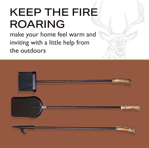 Mountain Mikes - مجموعة أدوات مدفأة قرن الوعل - ديكور مستوحى من الأماكن الخارجية الرائعة - قرون الغزلان والأيل المكررة المتينة - تتضمن مجرفة وفرشاة وبوكر in Kuwait