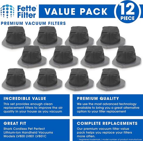 فلتر Fette - فلتر كأس الغبار متوافق مع طرازات المكانس الكهربائية المحمولة باليد من Shark Cordless Pet Perfect Lithium-Ion LV800 LV801 LV801C مع الجزء # XDCF800. (عبوة من 12 قطعة) in Kuwait