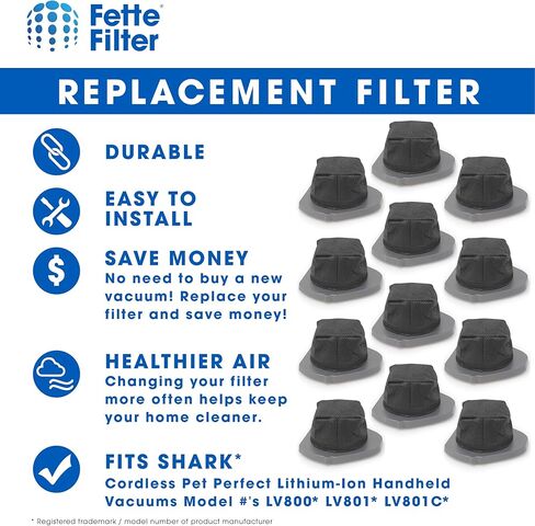 فلتر Fette - فلتر كأس الغبار متوافق مع طرازات المكانس الكهربائية المحمولة باليد من Shark Cordless Pet Perfect Lithium-Ion LV800 LV801 LV801C مع الجزء # XDCF800. (عبوة من 12 قطعة) in Kuwait