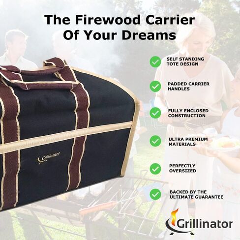 Grillinator Ultimate Firewood Log Carrier - Black - Heavy Duty Durable Tote Bag for Wood - Self Standing Design with Padded Handles - 16 Gallon Capacity for Fireplace, Beach & Groceries in Saudi Arabia