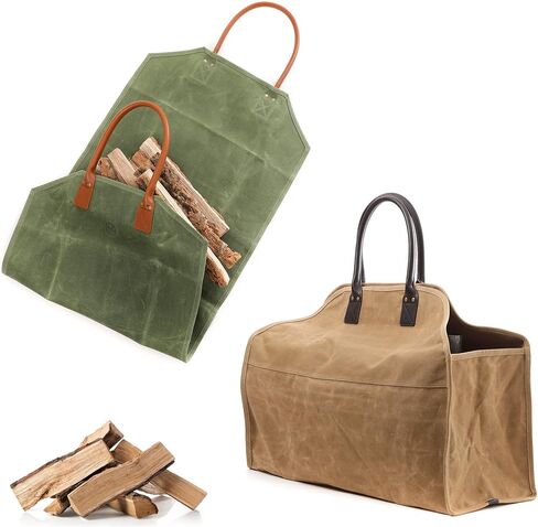 اونمارو شنطة حمل خشبية من القماش المشمع شديد التحمل، شنطة كبيرة لحمل الحطب، للتخييم في الهواء الطلق، ملحقات موقد الشواء. 2 نمط (مفتوح، جدار جانبي مغلق) كومبو حقيبة توت، اخضر/بني in Kuwait