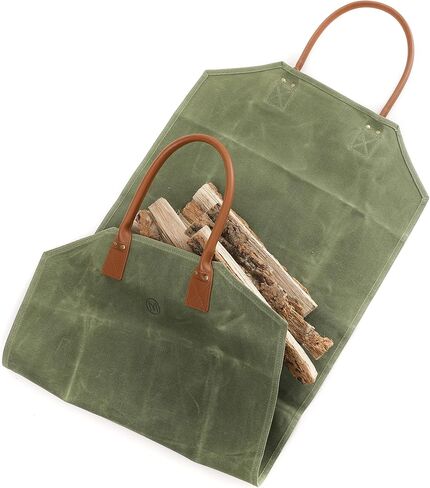 اونمارو شنطة حمل خشبية من القماش المشمع شديد التحمل، شنطة كبيرة لحمل الحطب، للتخييم في الهواء الطلق، ملحقات موقد الشواء. 2 نمط (مفتوح، جدار جانبي مغلق) كومبو حقيبة توت، اخضر/بني in Kuwait