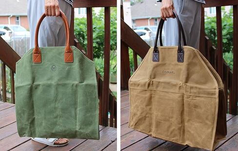 اونمارو شنطة حمل خشبية من القماش المشمع شديد التحمل، شنطة كبيرة لحمل الحطب، للتخييم في الهواء الطلق، ملحقات موقد الشواء. 2 نمط (مفتوح، جدار جانبي مغلق) كومبو حقيبة توت، اخضر/بني in Kuwait