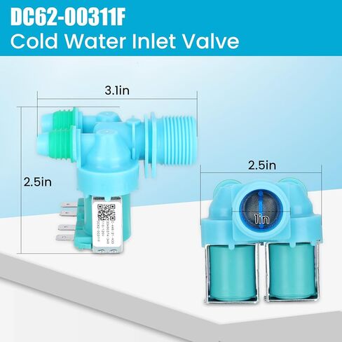 صمام مدخل الماء البارد DC62-00311F متوافق مع غسالة سامسونج WA40J3000AW WA45N3050AW WA44A3205AW، أجزاء DC62-00311F تحل محل 3992244، AP5966624، PS11719654، EAP11719654 صمام المدخل - ضمان لمدة عام in Kuwait