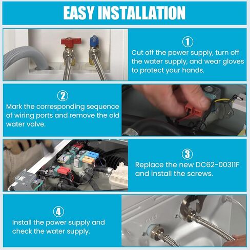 صمام مدخل الماء البارد DC62-00311F متوافق مع غسالة سامسونج WA40J3000AW WA45N3050AW WA44A3205AW، أجزاء DC62-00311F تحل محل 3992244، AP5966624، PS11719654، EAP11719654 صمام المدخل - ضمان لمدة عام in Kuwait