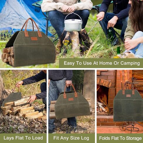 G GOOD GAIN Firewood Carrier Waxed Canvas with Leather Handles, Wood Carrier for Firewood, 38x17.7 Inch Heavy Duty Firewood Storage Tote, Fireplace Log Carrier Indoor Bag, Wood Stove Accessories. Blue in Saudi Arabia