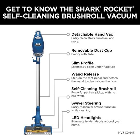Shark HV343AMZ Rocket Corded Stick Vacuum with Self-Cleaning Brushroll, Lightweight & Maneuverable, Perfect for Pet Hair Pickup, Converts to a Hand Vacuum, with Crevice & Upholstery Tools, Blue/Silver in Saudi Arabia