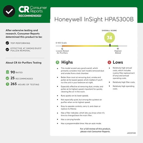 جهاز تنقية الهواء هانيويل HPA5300 InSight HEPA مع مؤشر جودة الهواء ووضع تلقائي، مخفف الحساسية للغرف الكبيرة جدًا (500 قدم مربع)، أسود - حرائق الغابات/الدخان، حبوب اللقاح، وبر الحيوانات الأليفة ومنقي هواء الغبار in Kuwait
