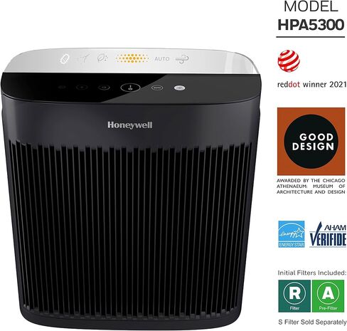 جهاز تنقية الهواء هانيويل HPA5300 InSight HEPA مع مؤشر جودة الهواء ووضع تلقائي، مخفف الحساسية للغرف الكبيرة جدًا (500 قدم مربع)، أسود - حرائق الغابات/الدخان، حبوب اللقاح، وبر الحيوانات الأليفة ومنقي هواء الغبار in Kuwait