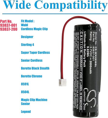 3.7V 2600mAh Replacement Battery for Wahl Magic Clip Machine Senior, Senior Cordless, Sterling 4, Designer, Super Taper Cordless, Beretto Black Stealth, Legend, Part No. 93837-001 93837-200 in Saudi Arabia