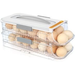 Egg Holder for Refrigerator with Handle, Slim Rolling Stackable Egg Organizer Egg Storage Container, Egg Dispenser Clear Egg Tray Egg Cartons for Fridge Door and Countertop, 2 Layers 1 Row