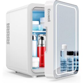 Ecowell WRE110 Mini Bedroom, 4L/6 Can Skincare Fridge with LED Mirror, AC/DC 12V Small Refrigerator for Skin Care Cosmetic Makeup Beauty Office Dorm Desk, White in Kuwait