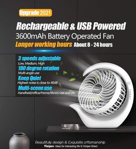Viniper Portable Rechargeable Fan, Small Desk Fan : 3 Speeds & about 8-24 Hours Longer Working, 180 Rotation, Portable Battery Desktop Fan for Home/Office (Black, Light Black Blade)6.2 inch in Kuwait