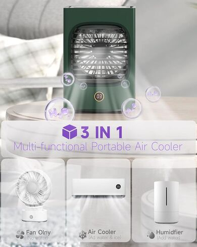Portable Air Conditioners, 3-IN-1 Rechargeable Small Evaporative Air Cooler, 3 Speeds Cooler Fan, 4000mAh Battery Humidifier, Auto Oscillation, Light, Mini Air Conditioner Cooler for Room Bedroom in Saudi Arabia