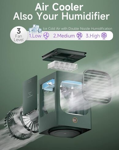 Portable Air Conditioners, 3-IN-1 Rechargeable Small Evaporative Air Cooler, 3 Speeds Cooler Fan, 4000mAh Battery Humidifier, Auto Oscillation, Light, Mini Air Conditioner Cooler for Room Bedroom in Saudi Arabia