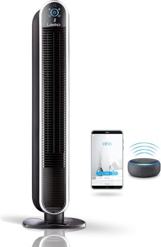 Lasko 40" Smart Oscillating Tower Fan Powered by Aria, Wi-Fi Connected, Voice Controlled, Compatible with Alexa and Google Assistant, Timer, 5-Speeds, Black, T40733, Large in Saudi Arabia