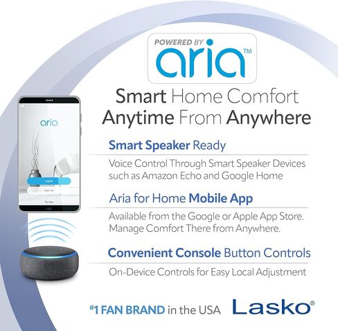 Lasko 40" Smart Oscillating Tower Fan Powered by Aria, Wi-Fi Connected, Voice Controlled, Compatible with Alexa and Google Assistant, Timer, 5-Speeds, Black, T40733, Large in Saudi Arabia