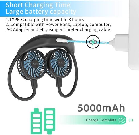 HandFan 10000mAh Portable Neck Fan Rechargeable, Wearable Personal Fans for Neck, Hands Free Necklace Fan Battery Operated, Neck Cooling Air Condition for Men Women Travel Hiking Cycling Outdoors in Kuwait
