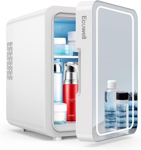 Ecowell WRE110 Mini Bedroom, 4L/6 Can Skincare Fridge with LED Mirror, AC/DC 12V Small Refrigerator for Skin Care Cosmetic Makeup Beauty Office Dorm Desk, White in Kuwait