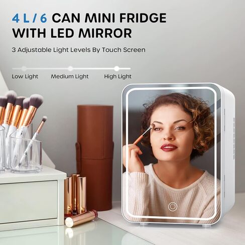 Ecowell WRE110 Mini Bedroom, 4L/6 Can Skincare Fridge with LED Mirror, AC/DC 12V Small Refrigerator for Skin Care Cosmetic Makeup Beauty Office Dorm Desk, White in Kuwait