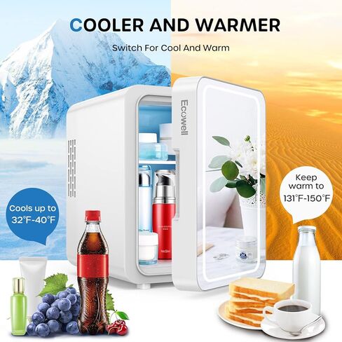 Ecowell WRE110 Mini Bedroom, 4L/6 Can Skincare Fridge with LED Mirror, AC/DC 12V Small Refrigerator for Skin Care Cosmetic Makeup Beauty Office Dorm Desk, White in Kuwait
