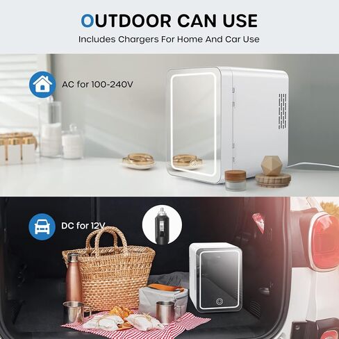 Ecowell WRE110 Mini Bedroom, 4L/6 Can Skincare Fridge with LED Mirror, AC/DC 12V Small Refrigerator for Skin Care Cosmetic Makeup Beauty Office Dorm Desk, White in Kuwait