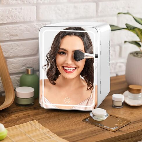 Ecowell WRE110 Mini Bedroom, 4L/6 Can Skincare Fridge with LED Mirror, AC/DC 12V Small Refrigerator for Skin Care Cosmetic Makeup Beauty Office Dorm Desk, White in Kuwait