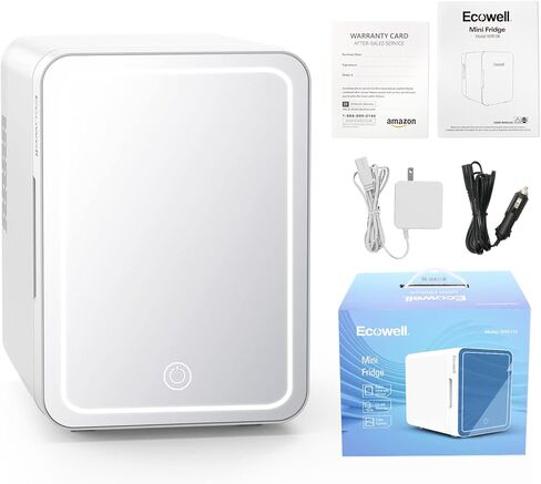 Ecowell WRE110 Mini Bedroom, 4L/6 Can Skincare Fridge with LED Mirror, AC/DC 12V Small Refrigerator for Skin Care Cosmetic Makeup Beauty Office Dorm Desk, White in Kuwait
