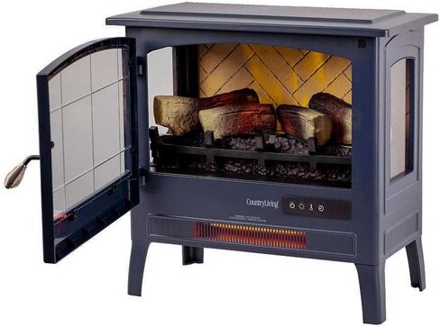 كونتري ليفينج مدفأة كهربائية قائمة بذاتها تعمل بالأشعة تحت الحمراء باللون الكريمي | يوفر حرارة إضافية للمنطقة مع جهاز تحكم عن بعد، وألوان لهب متعددة، وتصميم معدني مع جذوع خشبية صناعية in Kuwait