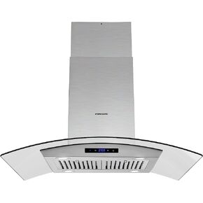 FIREGAS Island Range Hood 30 inch 450 CFM with Chimney, Ceiling Mount Kitchen Vent Hood with Tempered Glass, 4 LED Lights, Permanent Filters, Premium Touch Control Panel, Includes Charcoal Filter