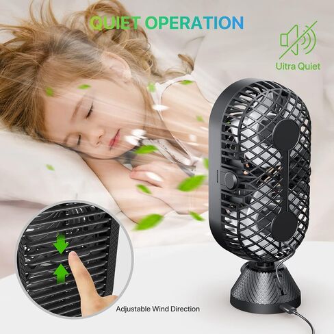 GAOYITK USB Desk Fan, 11 inch Small Portable Oscillating Table Fans with Dual Air Circulation, 120° Oscillation, Quiet Black Tabletop Tower Fan for Home, Office, Bedroom, Desktop, Sleep, Work in Kuwait