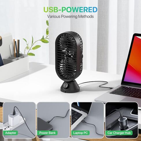 GAOYITK USB Desk Fan, 11 inch Small Portable Oscillating Table Fans with Dual Air Circulation, 120° Oscillation, Quiet Black Tabletop Tower Fan for Home, Office, Bedroom, Desktop, Sleep, Work in Kuwait