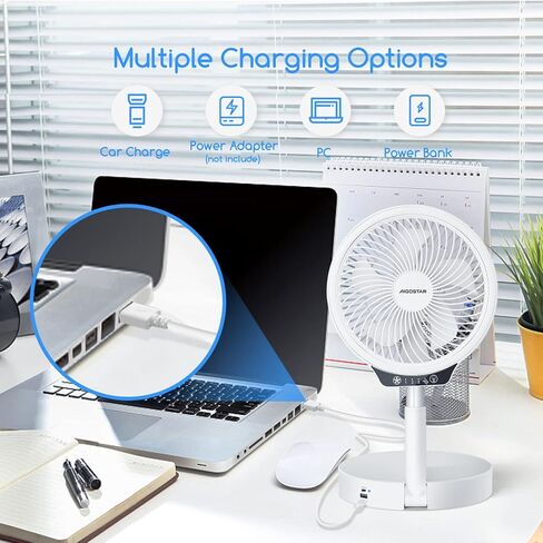 Aigostar 8" Foldaway Portable Fan, 8000mAh Rechargeable Battery Operated Pedestal Fan for bedroom, 4 Speeds Adjustable Height, Fast Charging Power Bank Table Fan for Camping, Outdoor in Saudi Arabia